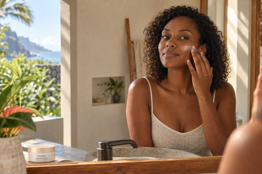 Femme appliquant son soin devant le miroir d'une salle de bain tropicale, baume démaquillant Dr. C. Tuna posé sur le rebord
